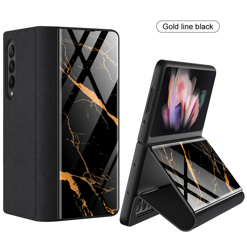 Leather Tempered Glass Case For Samsung Galaxy Z Fold 3 5G Cover Luxury Holster Anti-knock Hard For Samsung Z Fold3 5G Case