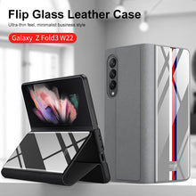 Charger l&#39;image dans la galerie, Leather Tempered Glass Case For Samsung Galaxy Z Fold 3 5G Cover Luxury Holster Anti-knock Hard For Samsung Z Fold3 5G Case
