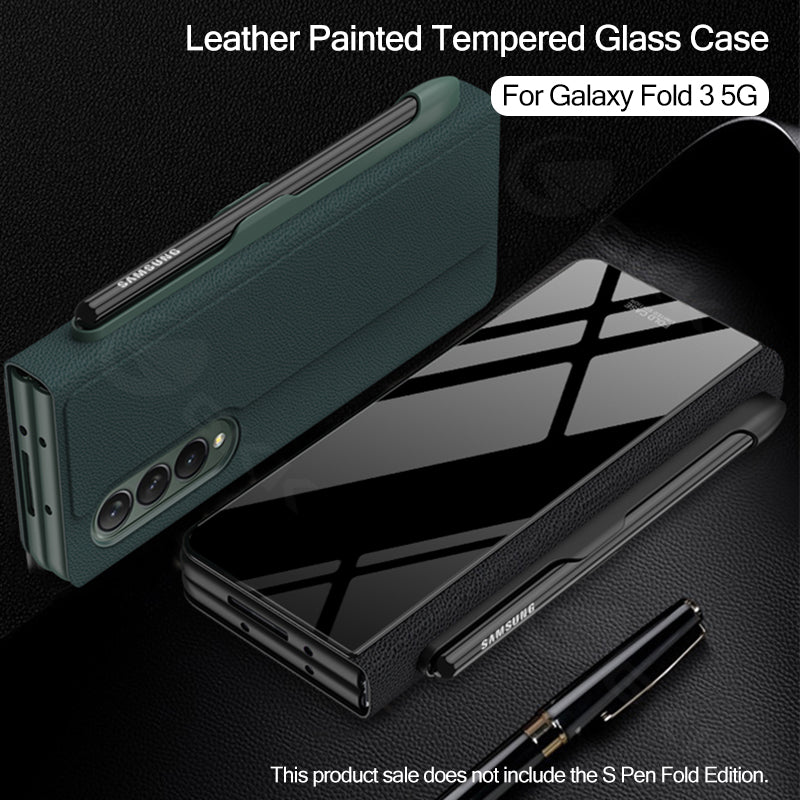 Leather Tempered Glass Pen Slot Case For Samsung Galaxy Z Fold 3 5G Full Protection Hard Cover