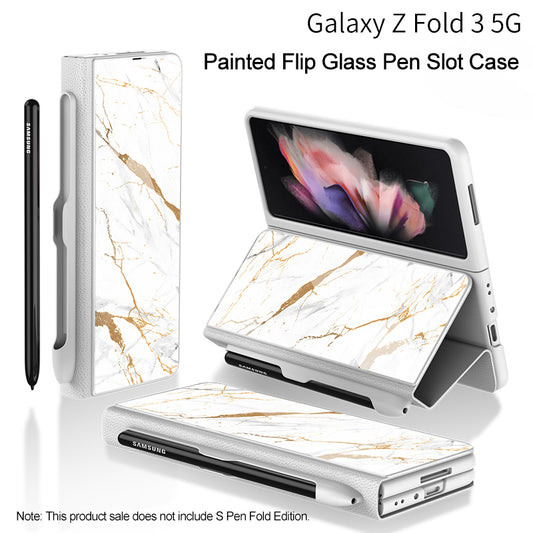 Leather Tempered Glass Pen Slot Case For Samsung Galaxy Z Fold 3 5G Full Protection Hard Cover