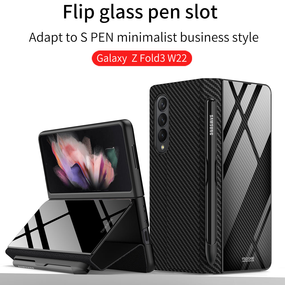Leather Tempered Glass Pen Slot Case For Samsung Galaxy Z Fold 3 5G Full Protection Hard Cover