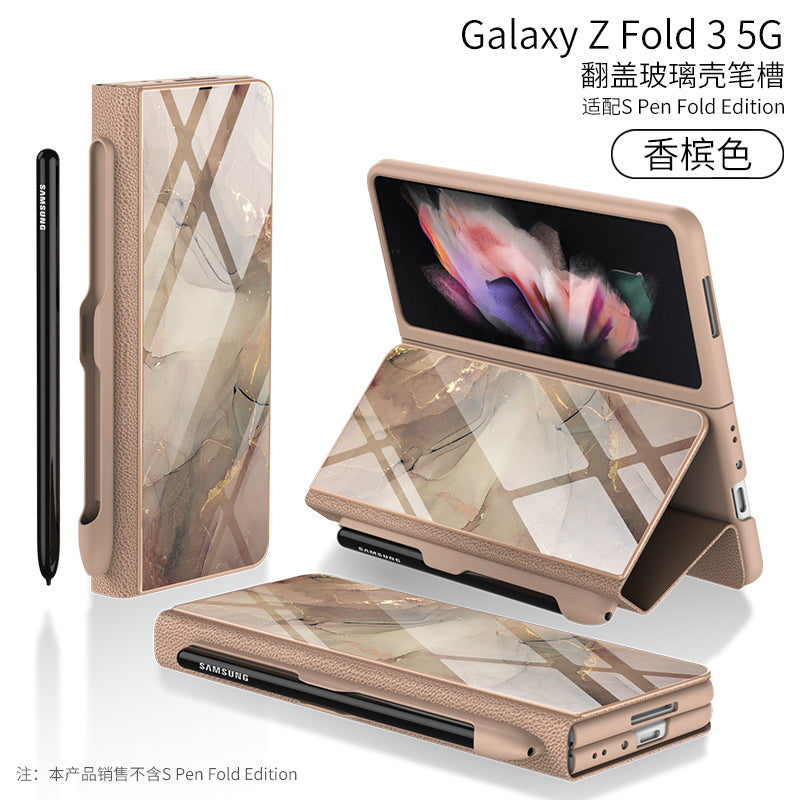 Leather Tempered Glass Pen Slot Case For Samsung Galaxy Z Fold 3 5G Full Protection Hard Cover