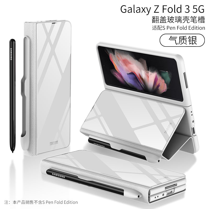 Leather Tempered Glass Pen Slot Case For Samsung Galaxy Z Fold 3 5G Full Protection Hard Cover