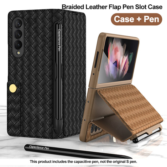 Leather Weaving BV Grid Case For Samsung Galaxy Z Fold 3 5G Card Clip Slot Phone Cover For Galaxy Z Fold 3 Case Included Pen