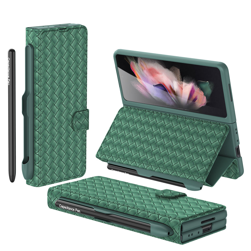 Leather Weaving BV Grid Case For Samsung Galaxy Z Fold 3 5G Card Clip Slot Phone Cover For Galaxy Z Fold 3 Case Included Pen