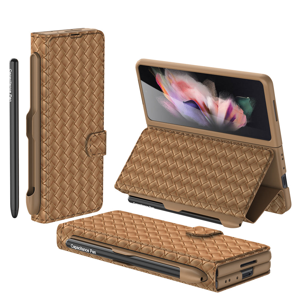 Leather Weaving BV Grid Case For Samsung Galaxy Z Fold 3 5G Card Clip Slot Phone Cover For Galaxy Z Fold 3 Case Included Pen