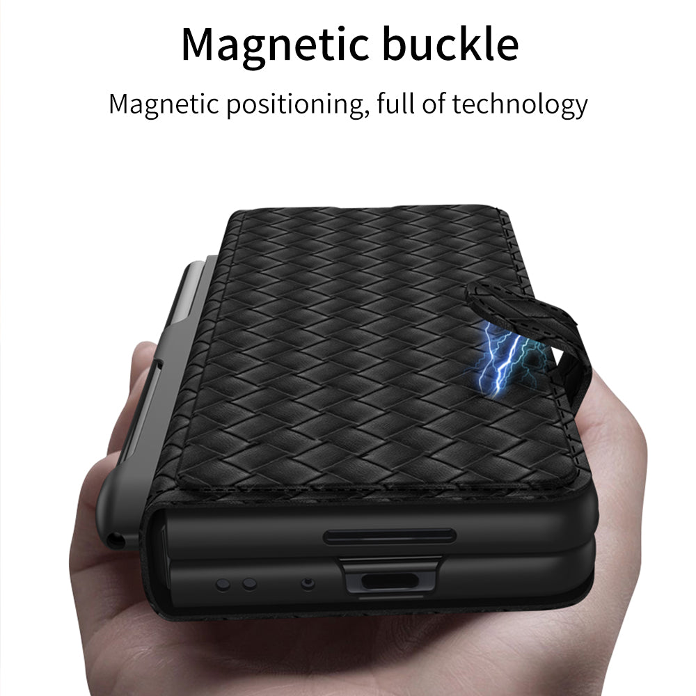 Leather Weaving BV Grid Case For Samsung Galaxy Z Fold 3 5G Card Clip Slot Phone Cover For Galaxy Z Fold 3 Case Included Pen