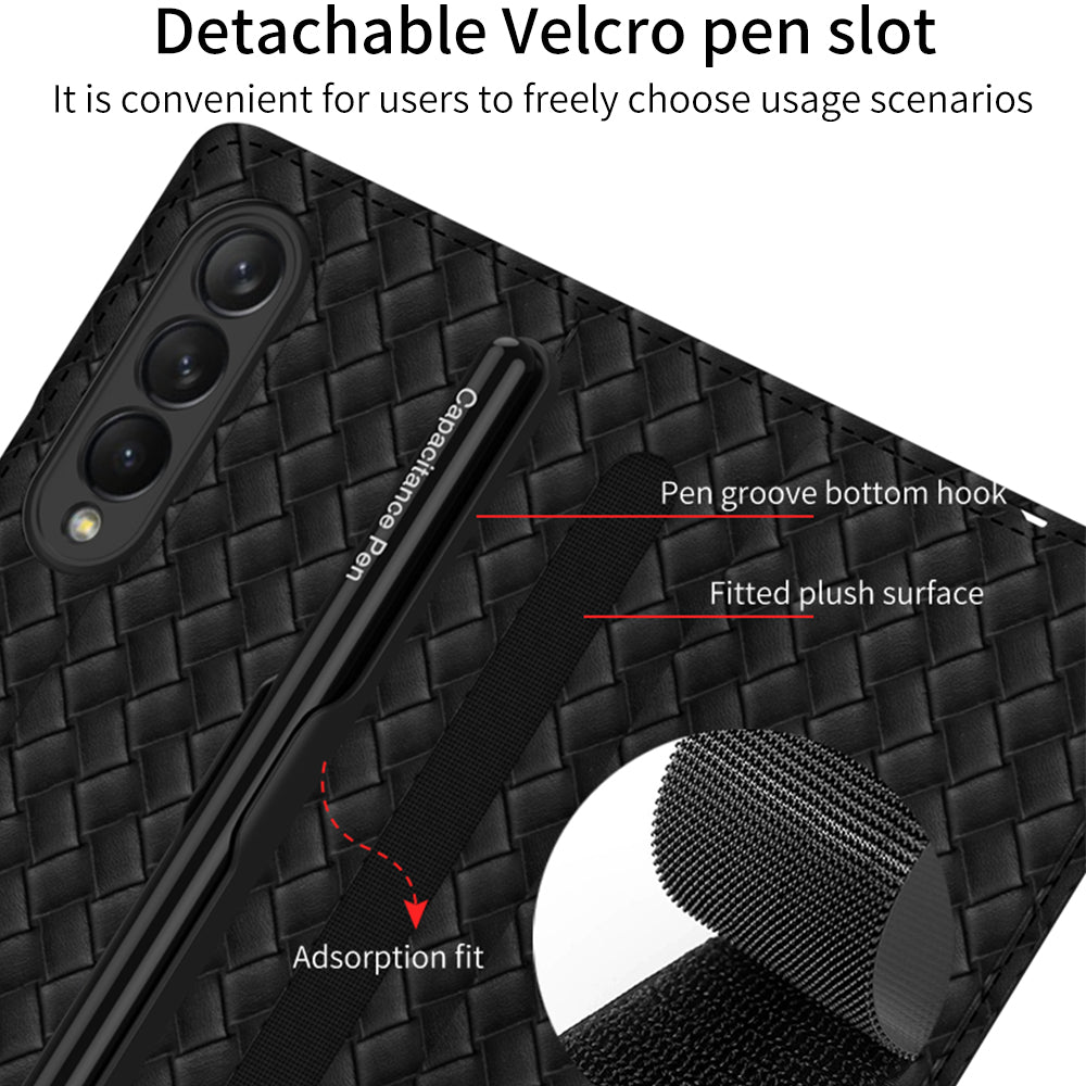 Leather Weaving BV Grid Case For Samsung Galaxy Z Fold 3 5G Card Clip Slot Phone Cover For Galaxy Z Fold 3 Case Included Pen