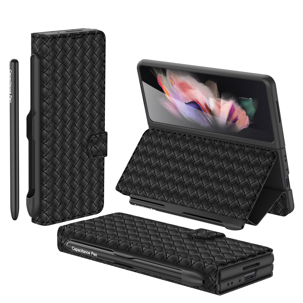 Leather Weaving BV Grid Case For Samsung Galaxy Z Fold 3 5G Card Clip Slot Phone Cover For Galaxy Z Fold 3 Case Included Pen
