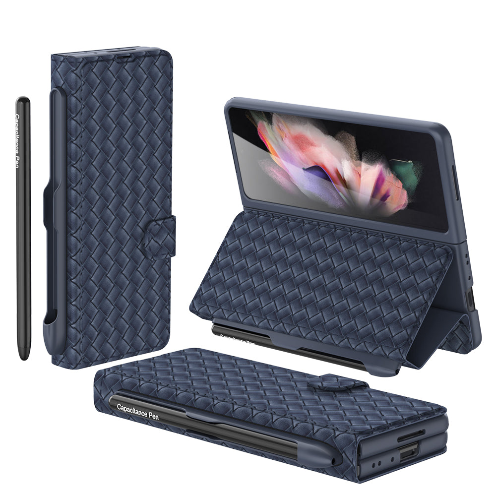 Leather Weaving BV Grid Case For Samsung Galaxy Z Fold 3 5G Card Clip Slot Phone Cover For Galaxy Z Fold 3 Case Included Pen