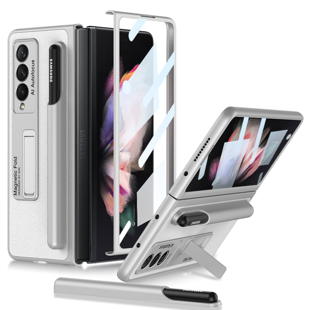 Luxury Leather All-included Protection Cover For Samsung Galaxy Z Fold 3 Case Pen Holder Stander Plastic For Galaxy Z Fold3