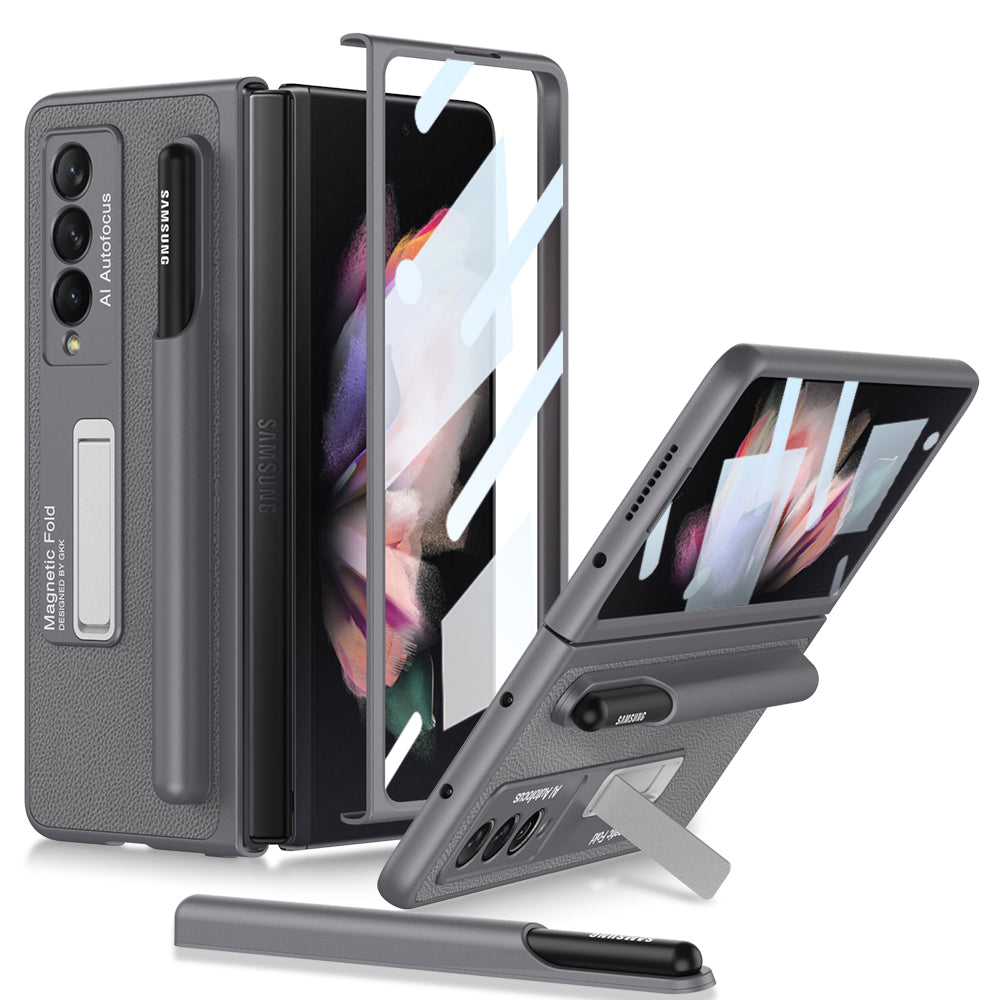 Luxury Leather All-included Protection Cover For Samsung Galaxy Z Fold 3 Case Pen Holder Stander Plastic For Galaxy Z Fold3