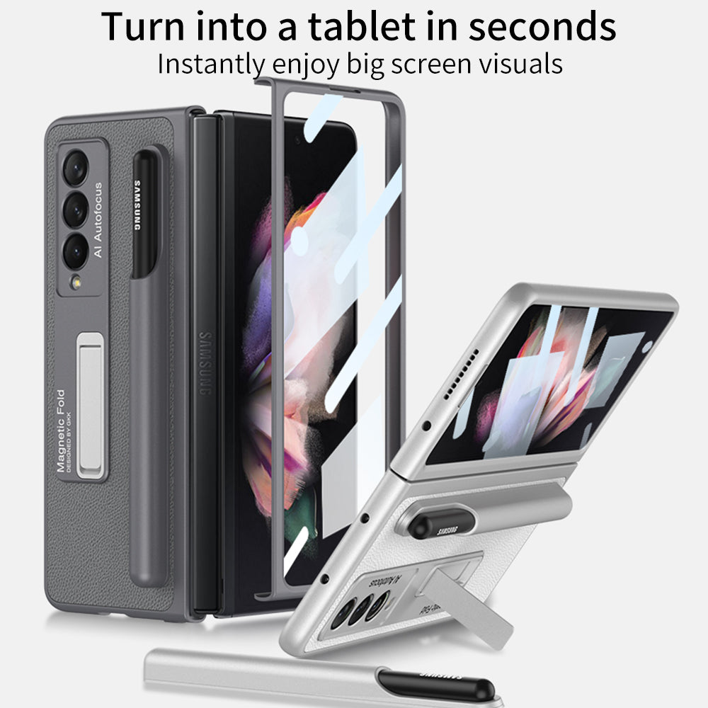 Luxury Leather All-included Protection Cover For Samsung Galaxy Z Fold 3 Case Pen Holder Stander Plastic For Galaxy Z Fold3