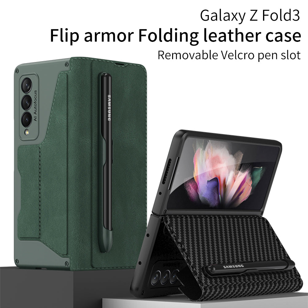 Luxury Leather Pen Slot Case For Samsung Galaxy Z Fold 3 5G Armor Anti-knock Hard Back Cover For Samsung Z Fold 3 5G Case