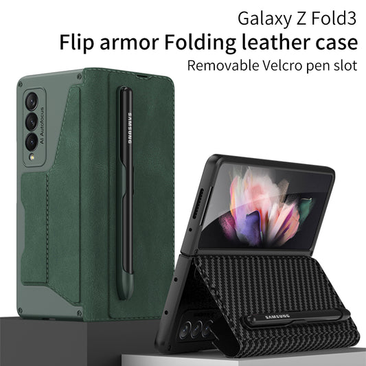 Luxury Leather Pen Slot Case For Samsung Galaxy Z Fold 3 5G Armor Anti-knock Hard Back Cover For Samsung Z Fold 3 5G Case