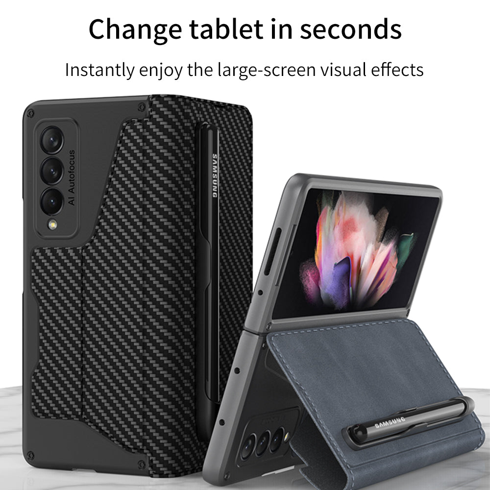 Luxury Leather Pen Slot Case For Samsung Galaxy Z Fold 3 5G Armor Anti-knock Hard Back Cover For Samsung Z Fold 3 5G Case