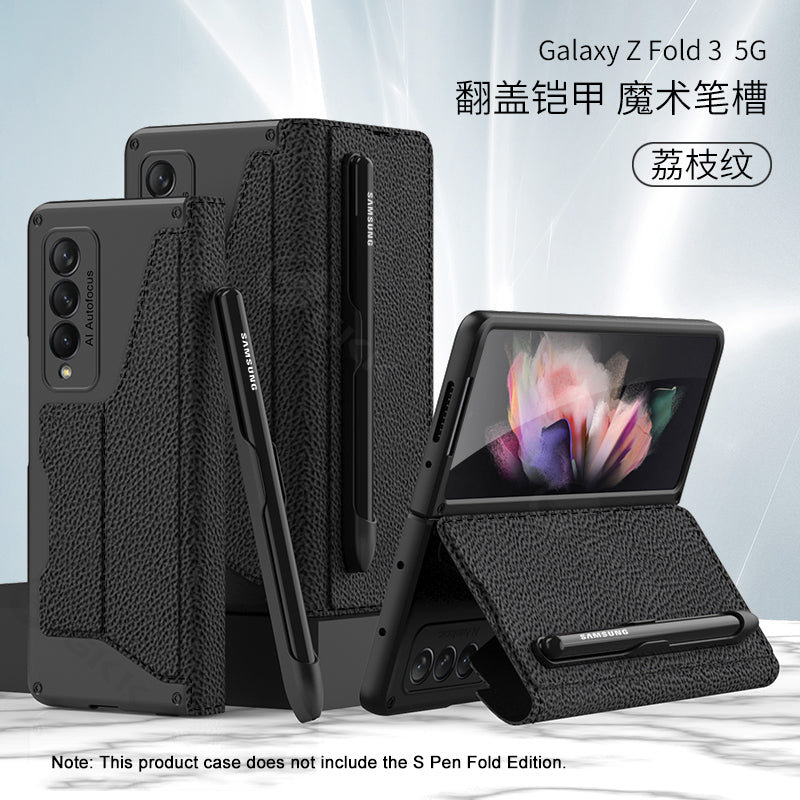 Luxury Leather Pen Slot Case For Samsung Galaxy Z Fold 3 5G Armor Anti-knock Hard Back Cover For Samsung Z Fold 3 5G Case