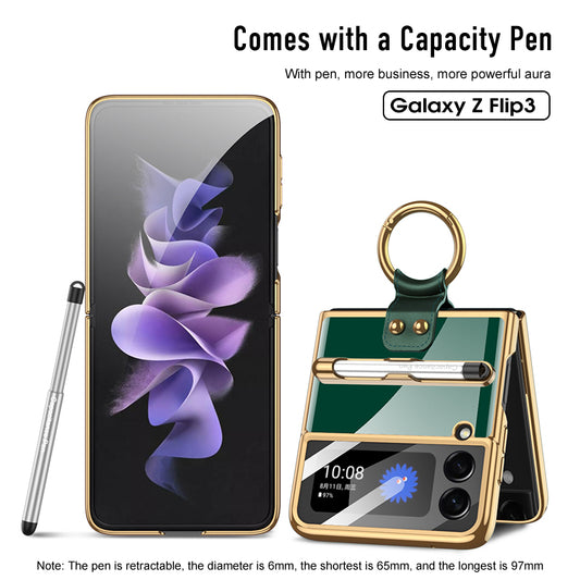 Luxury Plating Cover For Samsung Galaxy Z Flip 3 Case Back Protector Film With Ring Stand Hard Cover For Galaxy Z Flip3 Case