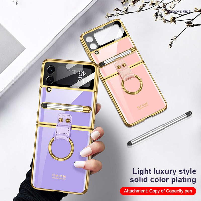 Luxury Plating Cover For Samsung Galaxy Z Flip 3 Case Back Protector Film With Ring Stand Hard Cover For Galaxy Z Flip3 Case