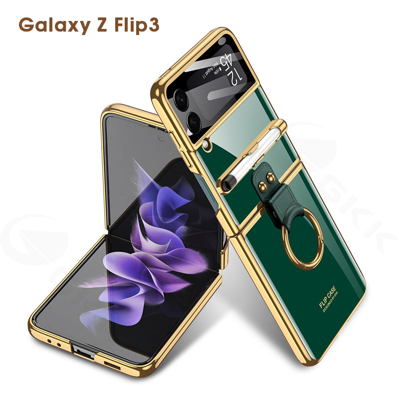 Luxury Plating Cover For Samsung Galaxy Z Flip 3 Case Back Protector Film With Ring Stand Hard Cover For Galaxy Z Flip3 Case