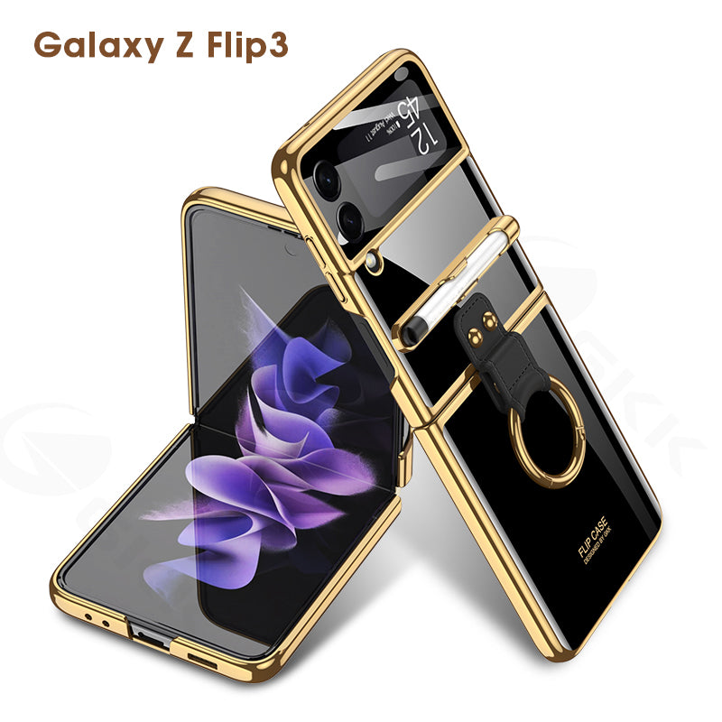 Luxury Plating Cover For Samsung Galaxy Z Flip 3 Case Back Protector Film With Ring Stand Hard Cover For Galaxy Z Flip3 Case