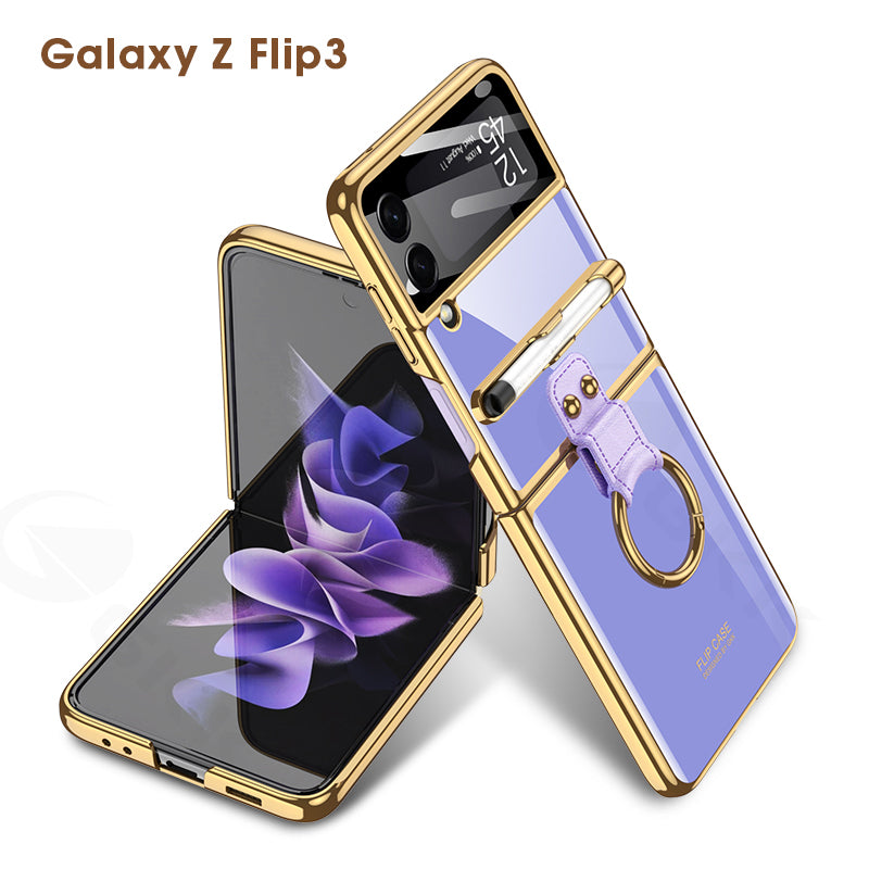 Luxury Plating Cover For Samsung Galaxy Z Flip 3 Case Back Protector Film With Ring Stand Hard Cover For Galaxy Z Flip3 Case