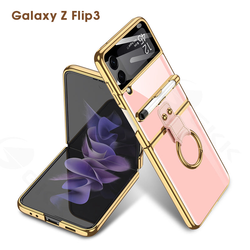 Luxury Plating Cover For Samsung Galaxy Z Flip 3 Case Back Protector Film With Ring Stand Hard Cover For Galaxy Z Flip3 Case