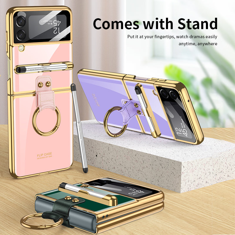 Luxury Plating Cover For Samsung Galaxy Z Flip 3 Case Back Protector Film With Ring Stand Hard Cover For Galaxy Z Flip3 Case