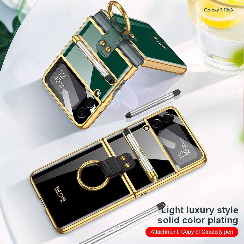 Luxury Plating Cover For Samsung Galaxy Z Flip 3 Case Back Protector Film With Ring Stand Hard Cover For Galaxy Z Flip3 Case