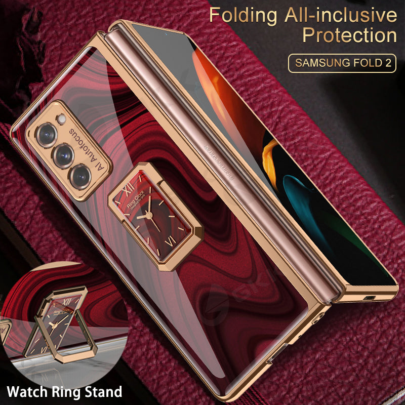 Luxury Plating Tempered Glass Case For Samsung Galaxy Z Fold 2 3 Case With Ring Stand Protection Cover For Galaxy Z Fold 2 3