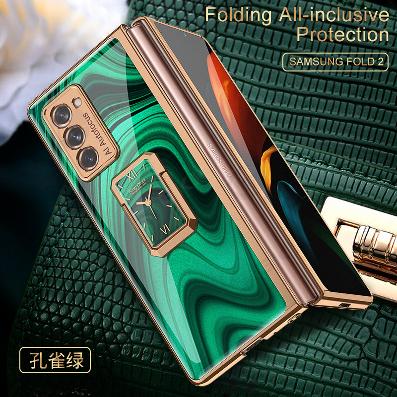 Luxury Plating Tempered Glass Case For Samsung Galaxy Z Fold 2 3 Case With Ring Stand Protection Cover For Galaxy Z Fold 2 3