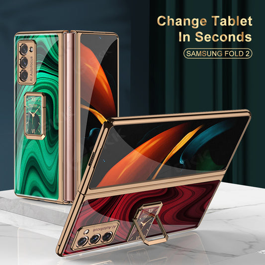 Luxury Plating Tempered Glass Case For Samsung Galaxy Z Fold 2 3 Case With Ring Stand Protection Cover For Galaxy Z Fold 2 3
