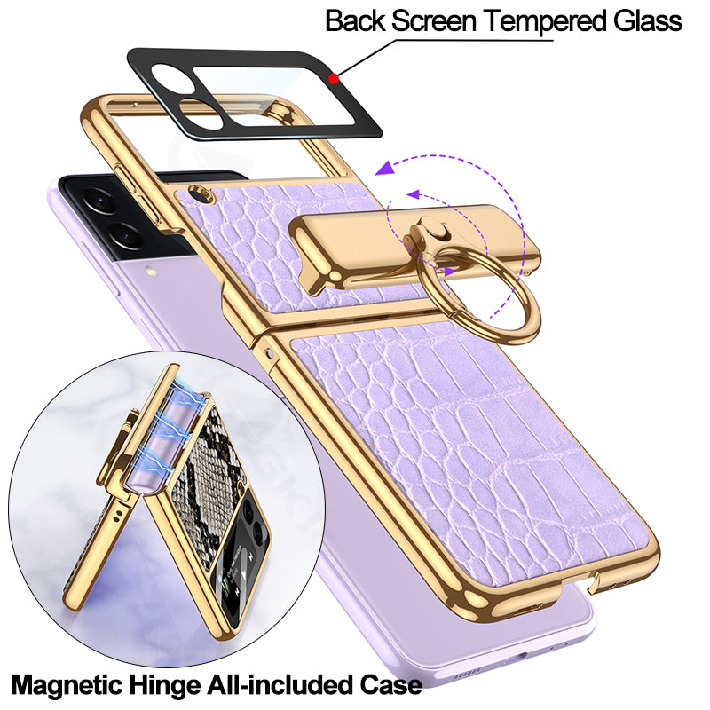 Magnetic Hinge Leather Texture Cover For Samsung Galaxy Z Flip 3 Case Back Screen Glass Plating Hard For Galaxy Z Flip3 Case