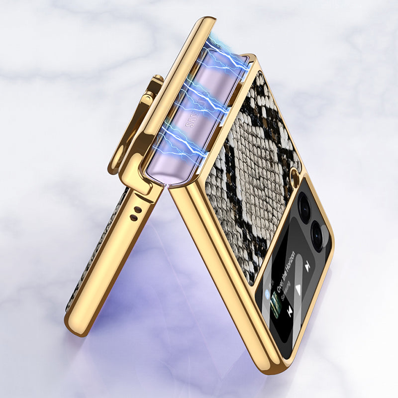 Magnetic Hinge Leather Texture Cover For Samsung Galaxy Z Flip 3 Case Back Screen Glass Plating Hard For Galaxy Z Flip3 Case