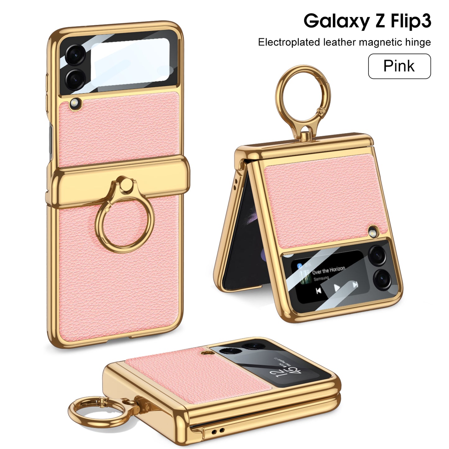 Magnetic Hinge Leather Texture Cover For Samsung Galaxy Z Flip 3 Case Back Screen Glass Plating Hard For Galaxy Z Flip3 Case