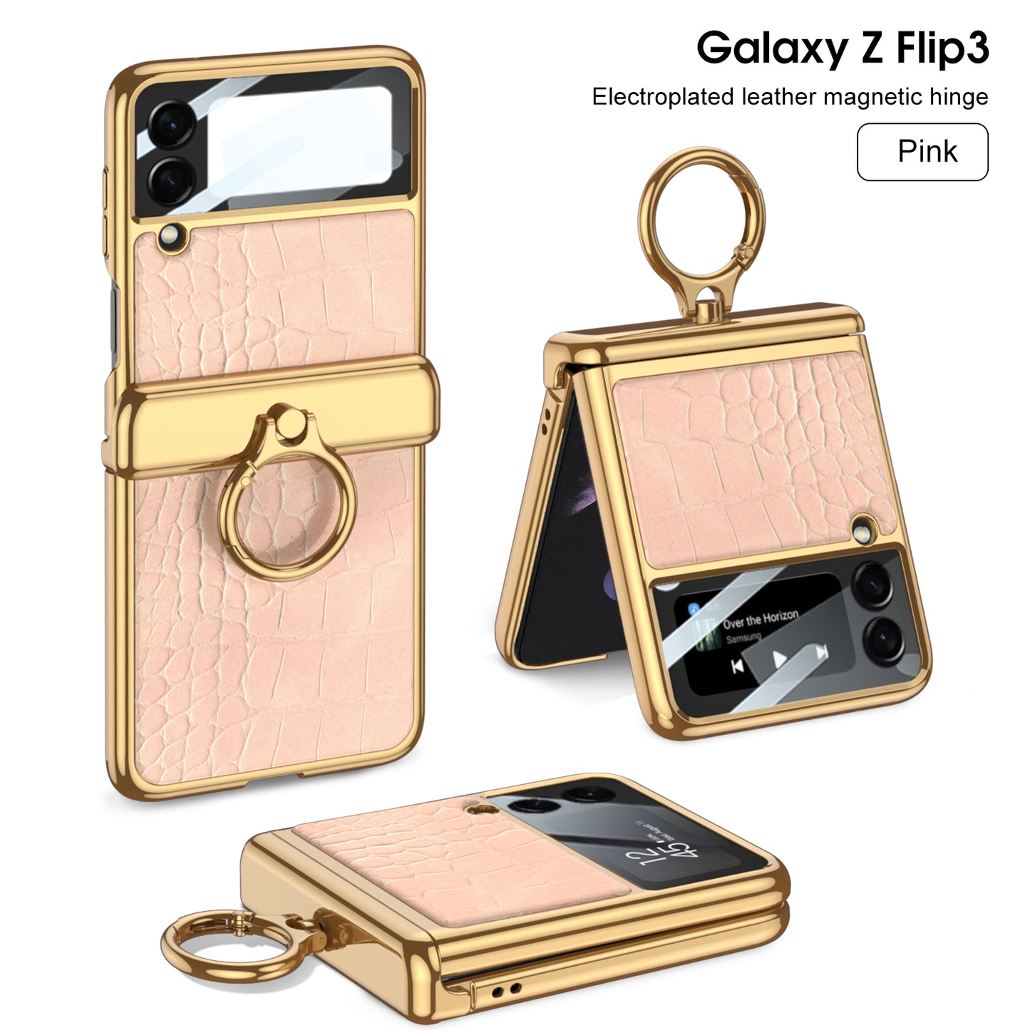 Magnetic Hinge Leather Texture Cover For Samsung Galaxy Z Flip 3 Case Back Screen Glass Plating Hard For Galaxy Z Flip3 Case