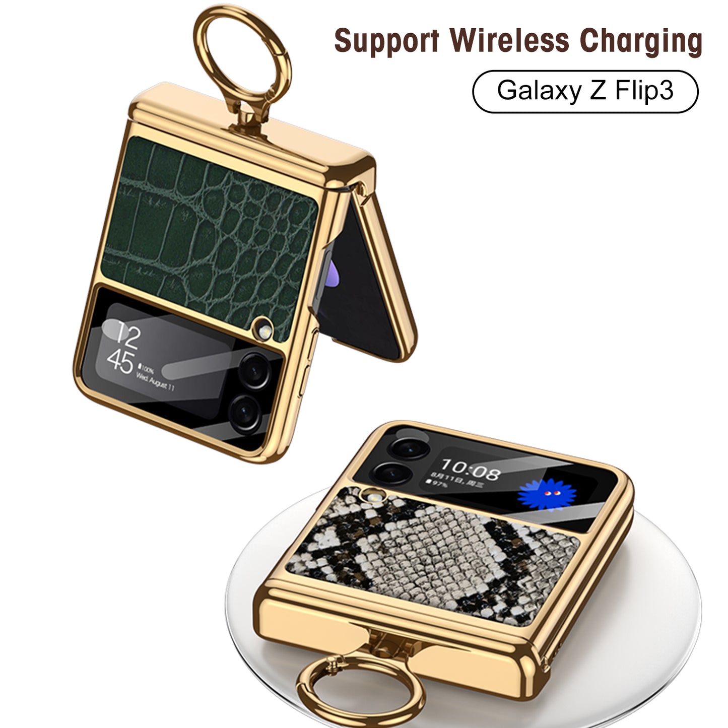 Magnetic Hinge Leather Texture Cover For Samsung Galaxy Z Flip 3 Case Back Screen Glass Plating Hard For Galaxy Z Flip3 Case