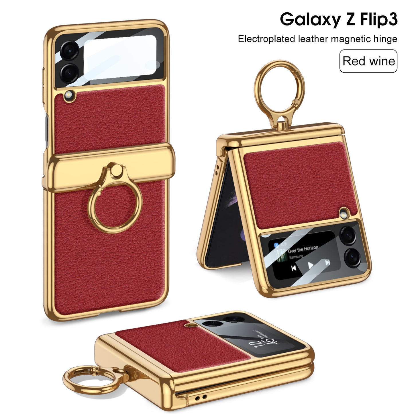 Magnetic Hinge Leather Texture Cover For Samsung Galaxy Z Flip 3 Case Back Screen Glass Plating Hard For Galaxy Z Flip3 Case