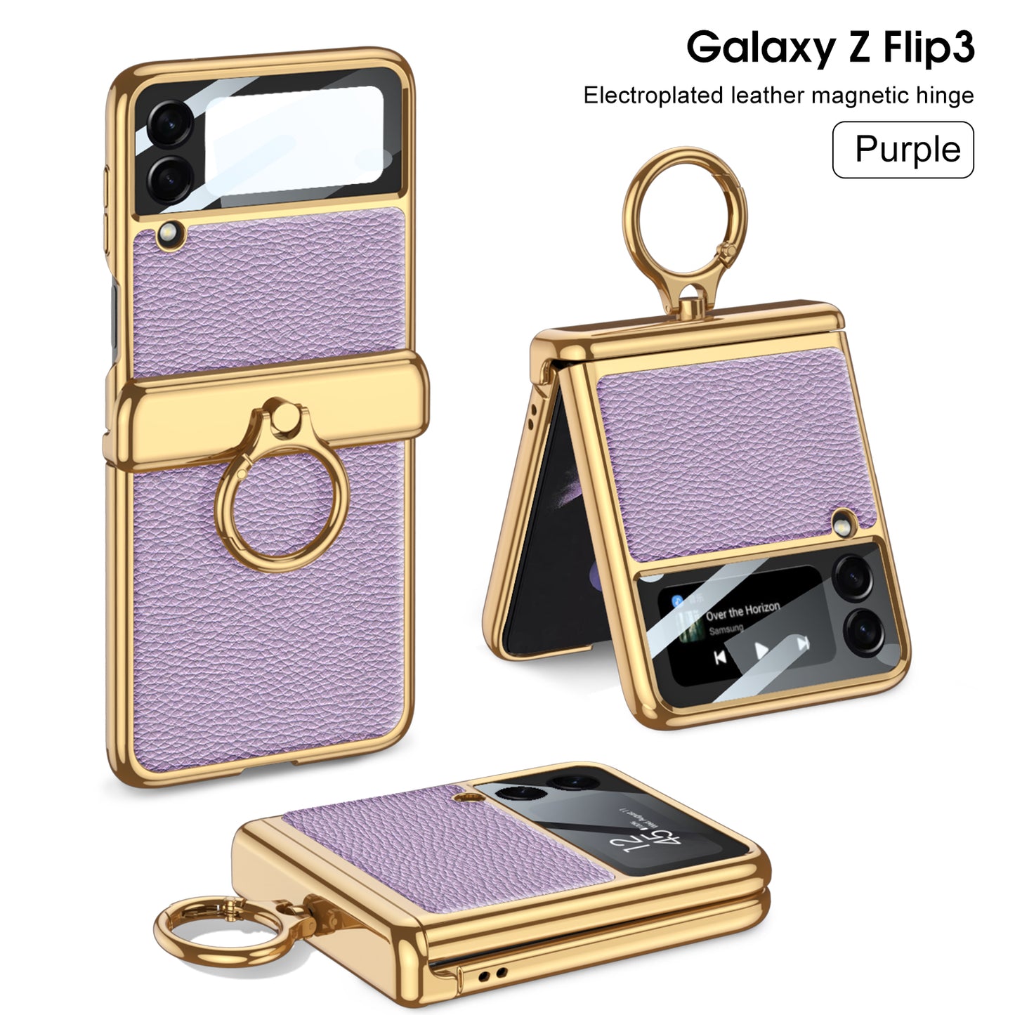Magnetic Hinge Leather Texture Cover For Samsung Galaxy Z Flip 3 Case Back Screen Glass Plating Hard For Galaxy Z Flip3 Case