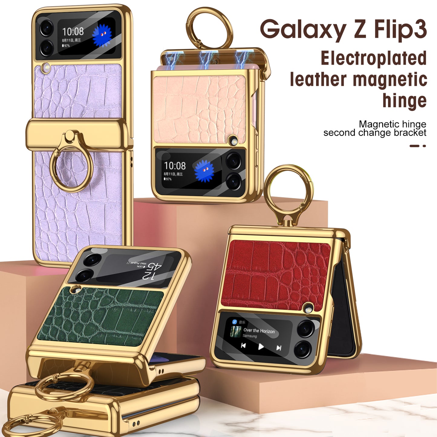 Magnetic Hinge Leather Texture Cover For Samsung Galaxy Z Flip 3 Case Back Screen Glass Plating Hard For Galaxy Z Flip3 Case
