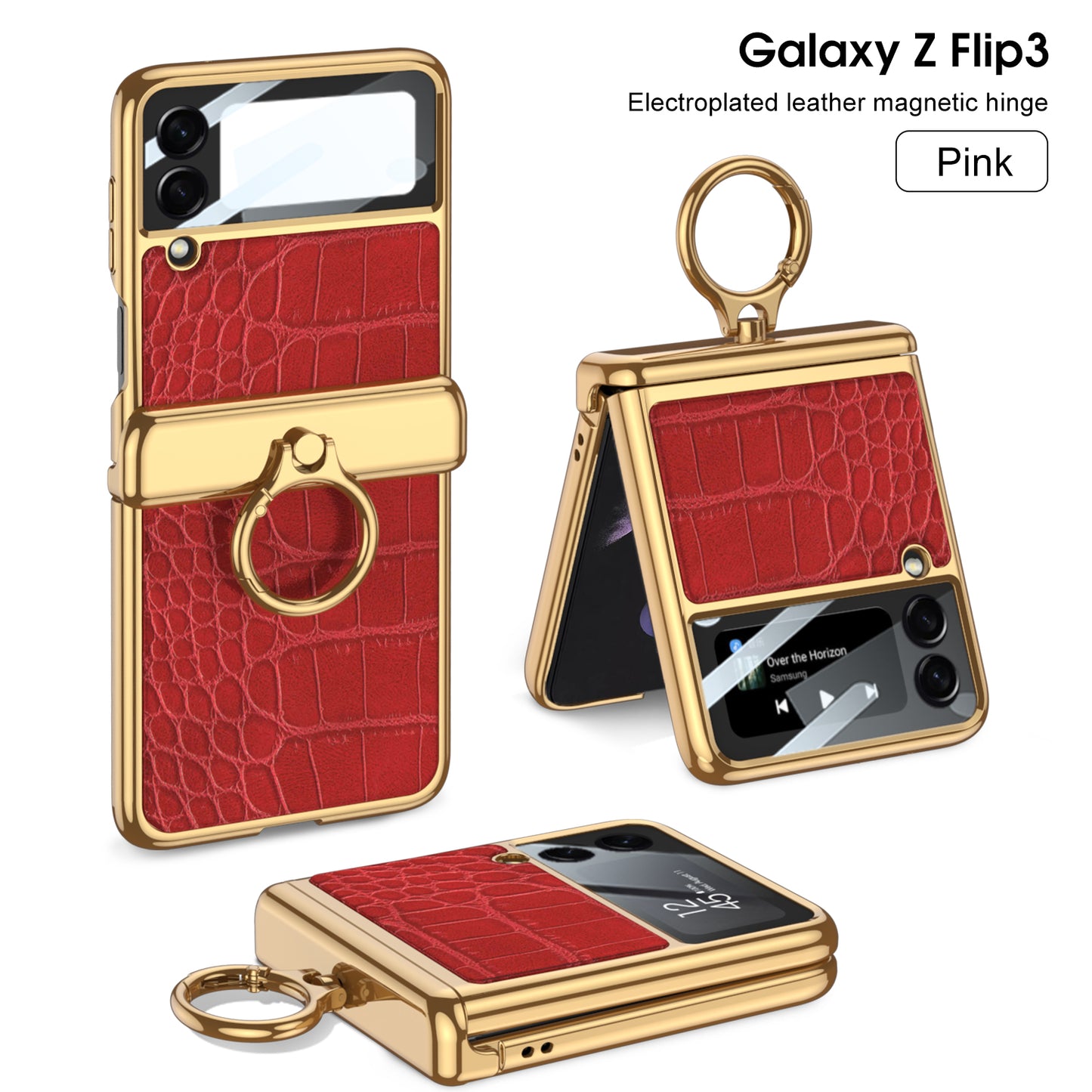 Magnetic Hinge Leather Texture Cover For Samsung Galaxy Z Flip 3 Case Back Screen Glass Plating Hard For Galaxy Z Flip3 Case