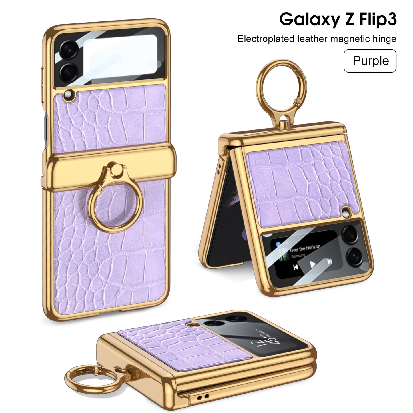 Magnetic Hinge Leather Texture Cover For Samsung Galaxy Z Flip 3 Case Back Screen Glass Plating Hard For Galaxy Z Flip3 Case