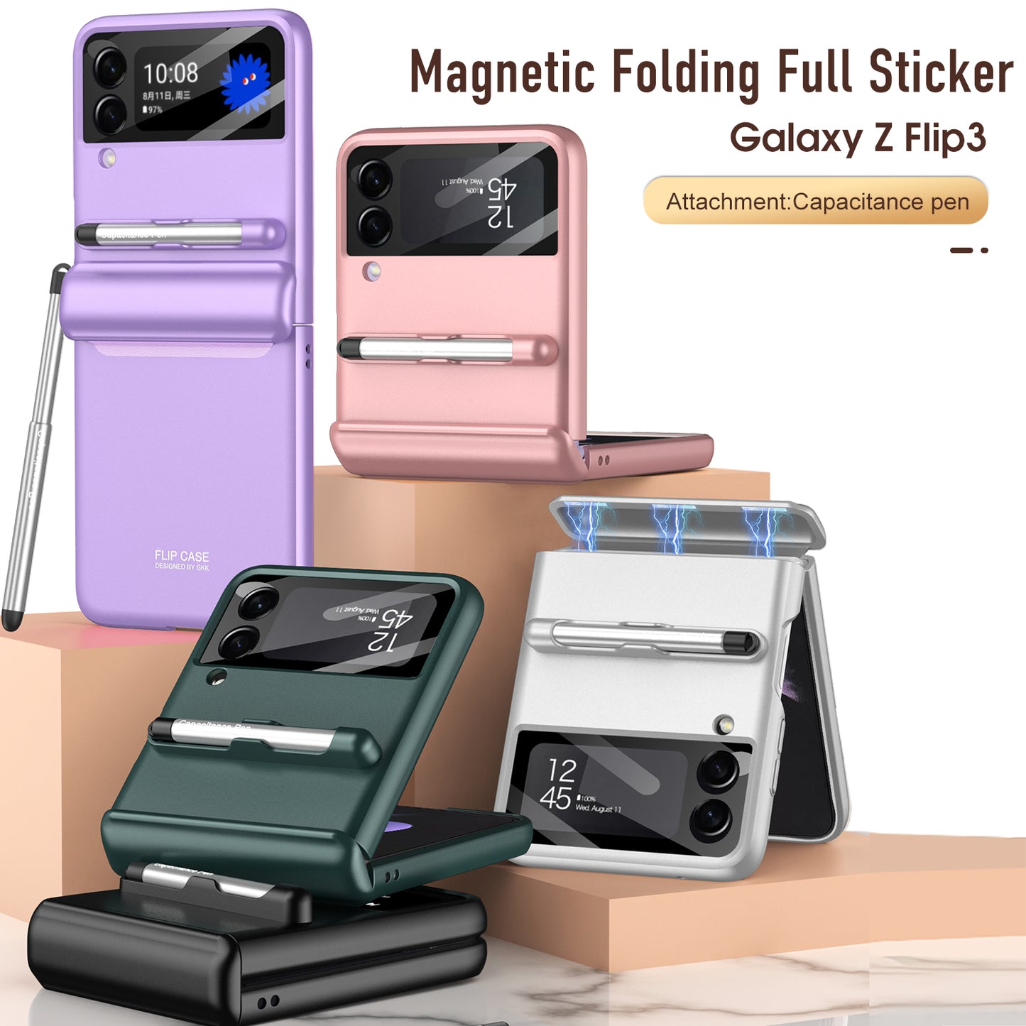 Magnetic hinge Slim Case For Samsung Galaxy Z Flip 3 5G With Capacitive Pen Slot Plastic Phone Cover For Galaxy Z Flip3 Case