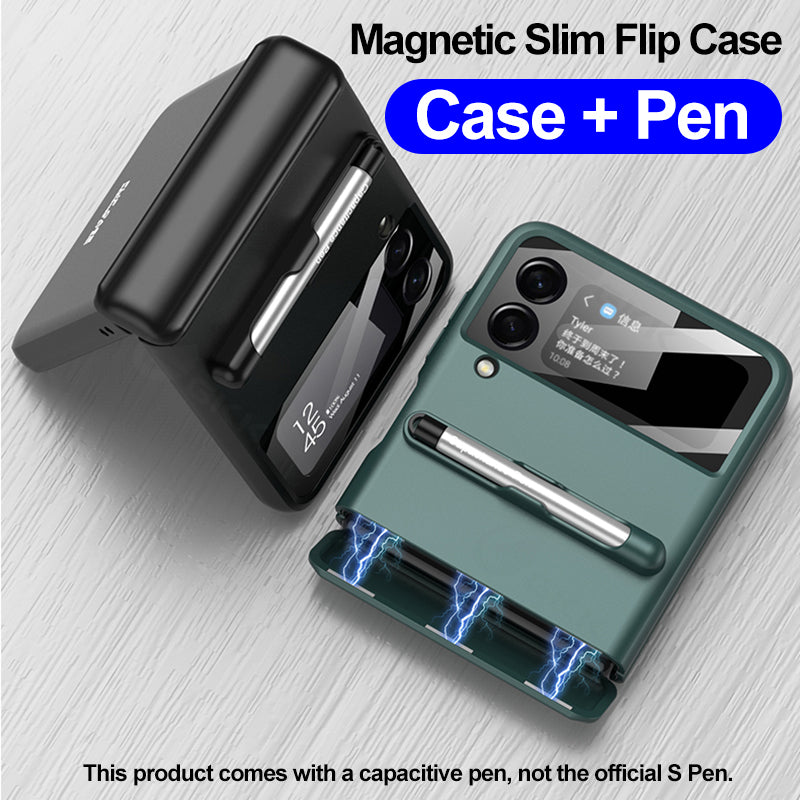 Magnetic hinge Slim Case For Samsung Galaxy Z Flip 3 5G With Capacitive Pen Slot Plastic Phone Cover For Galaxy Z Flip3 Case
