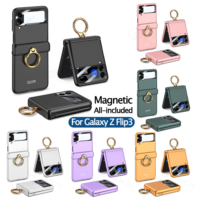 Magnetic hinges All-included Case For Samsung Galaxy Z Flip 3 5G Back Screen Glass Plastic Hard Cover For Samsung Flip3 Case