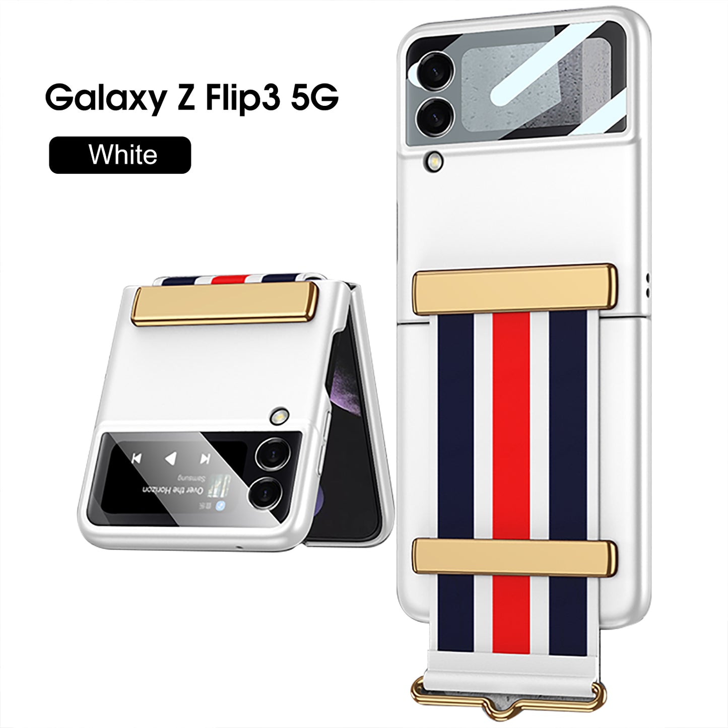 Painted Leather Hand Strap Plastic Case For Samsung Galaxy Z Flip 3 5G Back Screen Glass Cover For Samsung Z Flip 3 5G Case