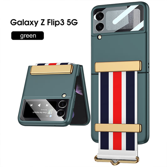 Painted Leather Hand Strap Plastic Case For Samsung Galaxy Z Flip 3 5G Back Screen Glass Cover For Samsung Z Flip 3 5G Case