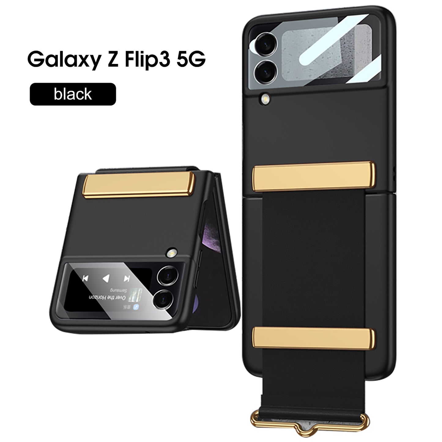 Painted Leather Hand Strap Plastic Case For Samsung Galaxy Z Flip 3 5G Back Screen Glass Cover For Samsung Z Flip 3 5G Case