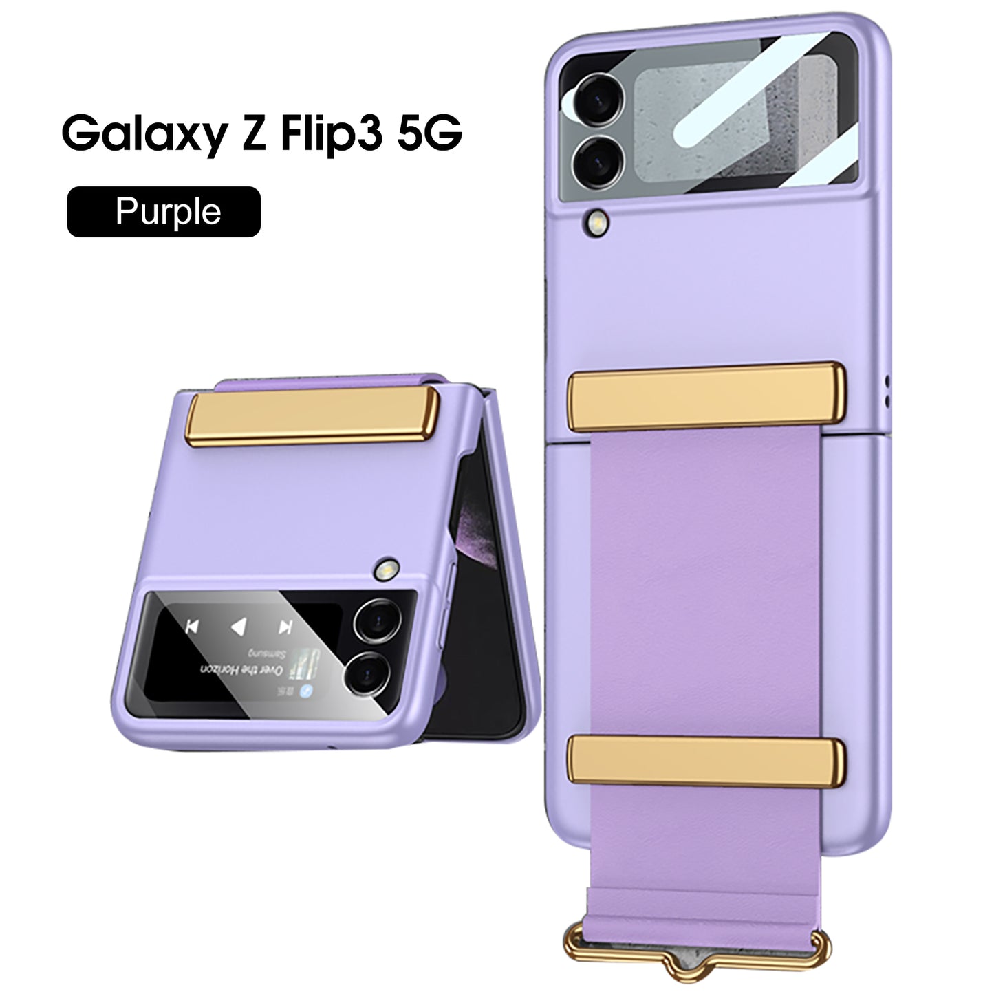 Painted Leather Hand Strap Plastic Case For Samsung Galaxy Z Flip 3 5G Back Screen Glass Cover For Samsung Z Flip 3 5G Case