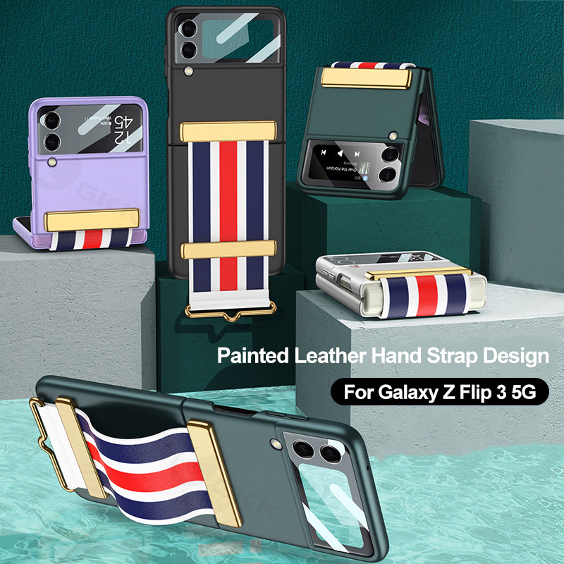 Painted Leather Hand Strap Plastic Case For Samsung Galaxy Z Flip 3 5G Back Screen Glass Cover For Samsung Z Flip 3 5G Case